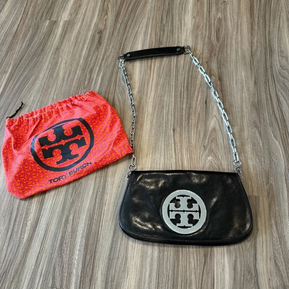 Tory Burch Black Leather Crossbody with Silver Logo and Chain